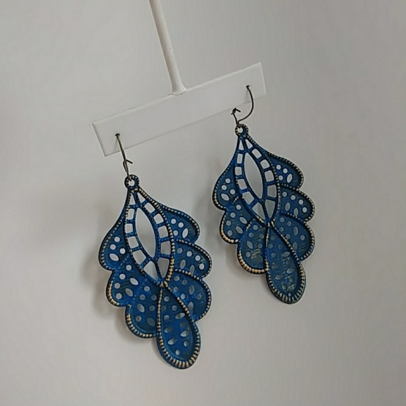 Santorini Blue Metal Filigree Lace Hanging Earring - Picture 3 of 7
